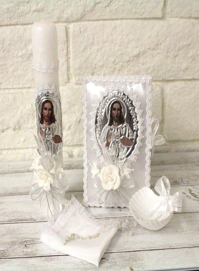 Ooki Elegant Handmade 5 Piece Jesus Foil Picture Lace Baptism Christening Shells Candle Set Favors Girl Boy White Set de Bautizo Espanol Nina Nino Berries Communion Lace Gift Box - Image 1